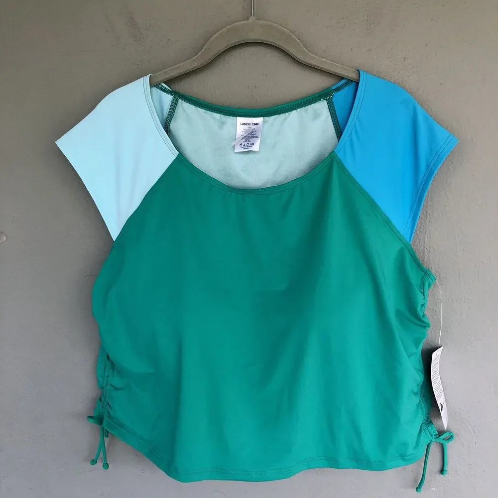 Lands End Colorblock Tankini Swim Top Womens 18W Green Blue Padded Beach Resort